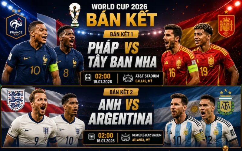 Lịch thi đấu các trận cầu tâm điểm vòng bán kết mới nhất cập nhật World Cup 2026