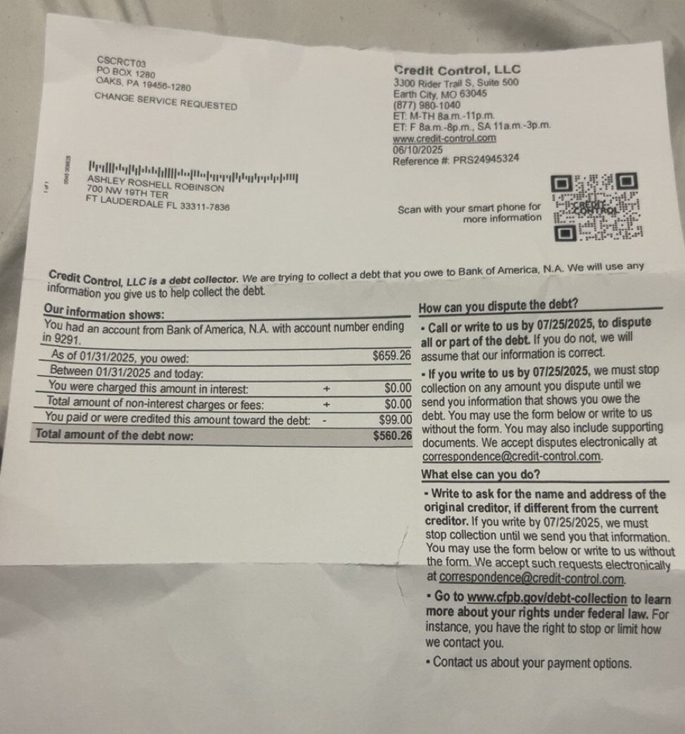 A Credit Control, LLC debt collection notice about a Bank of America account ending in 9291