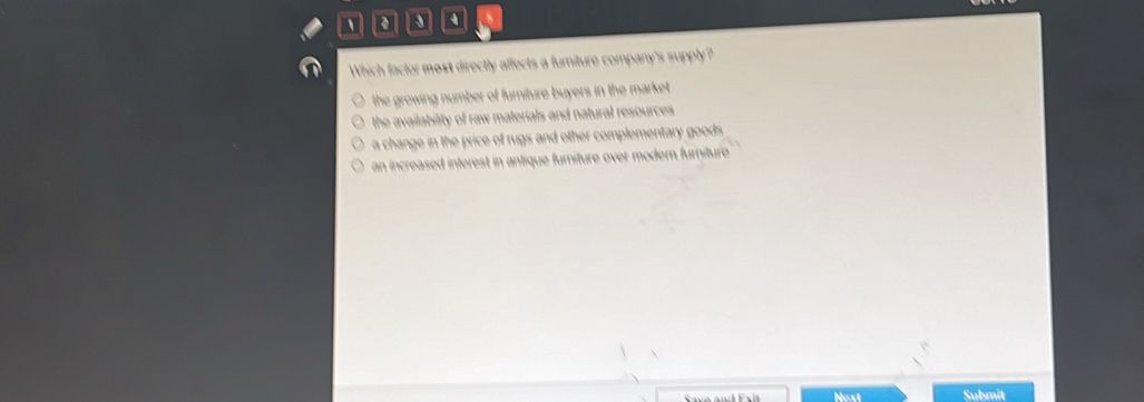 Multiple-choice question about the factor that most directly affects a furniture company's supply