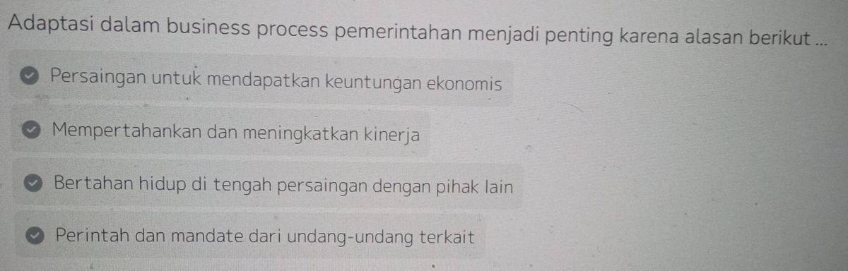 Soal tentang adaptasi dalam bisnis proses pemerintahan dan pilihan jawabannya