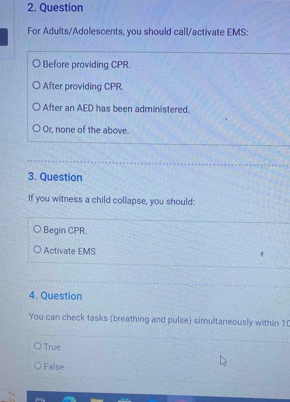 BLS quiz questions about when to call EMS for adults, adolescents, and children