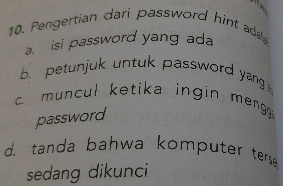 Soal pilihan ganda tentang pengertian password hint beserta empat pilihan jawaban