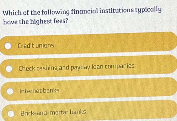 Multiple-choice question about financial institutions with the highest fees