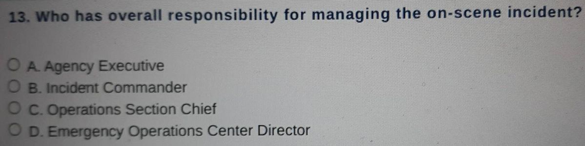 Multiple-choice question about the Incident Commander managing an on-scene incident